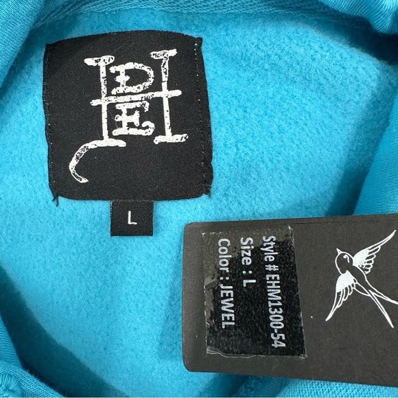 Ed Hardy Flames Skull Tattoo Pullover Sweatshirt Hoodie Turquoise Blue Large NWT - Picture 2 of 9